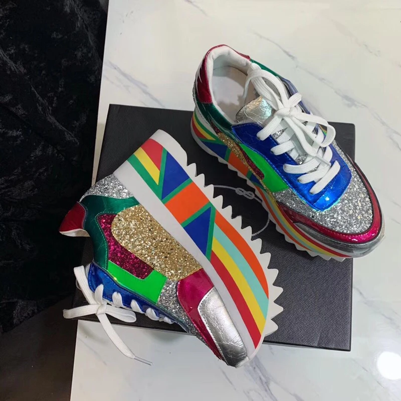 Royal Belle 2019 Hot BlingBling Sequins Platform Sneakers Women Mixed Color Lace Up Thick Bottom Ladies Sports Shoes | Обувь