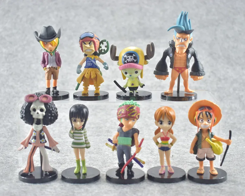 New hot sale 9pcs/set ONE PIECE Luffy Nami Zoro Chopper Sanji Brook FRANKY travel ver. 9CM gift for children free shipping | Игрушки и