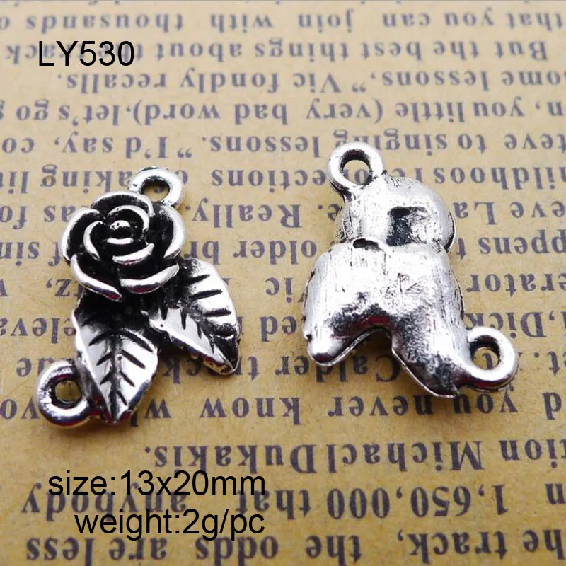 

High Quality 25 Pieces/Lot 22x46mm Antique Silver Plated Metal Alloy Rose Connector Charms Pendants