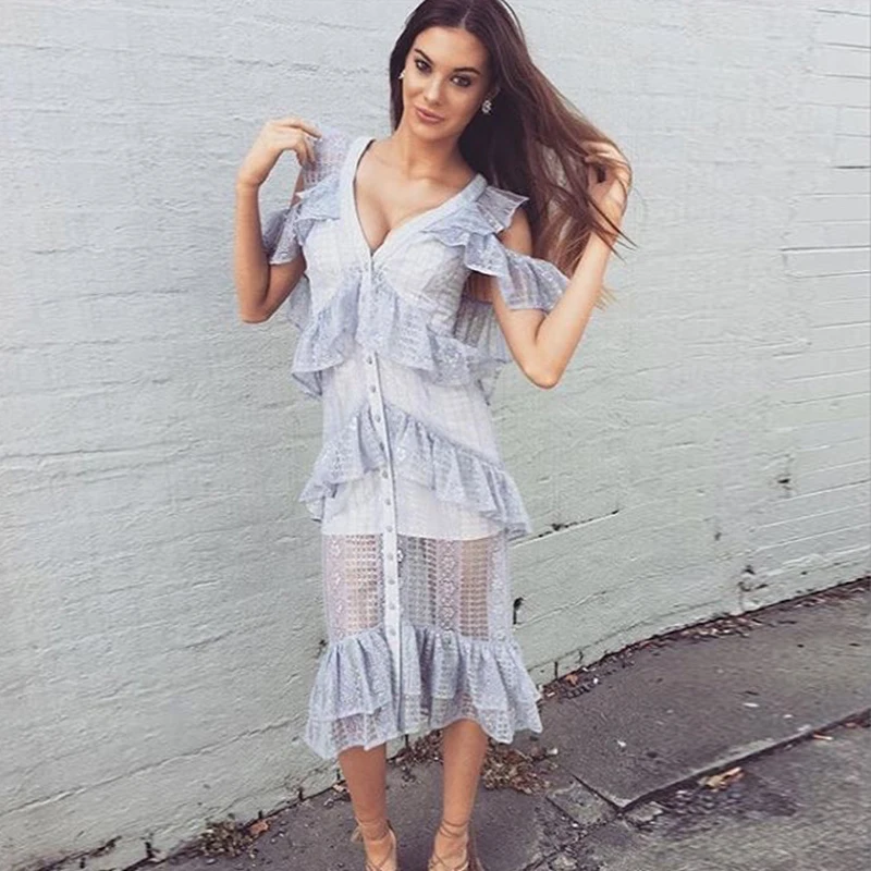 2018 Новый Boho оборками Frill Midi платье женские осенние открытыми плечами спинки