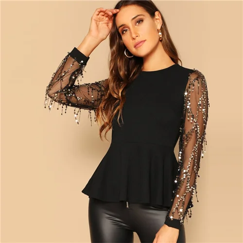 SHEIN Топ С Блестящим Сетчатым Рукавом Женские Блузки С Длинным Рукавом - Цвет: Черный