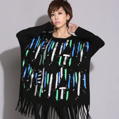 

2018 Punk Autumn New Women's Large Size Printing Color Strips Tassel Long T-shirt Long Sleeve Loose Hollow Back Shirt