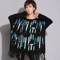 2018 punk autumn new womens large size printing color strips tassel long t shirt long sleeve loose hollow back shirt