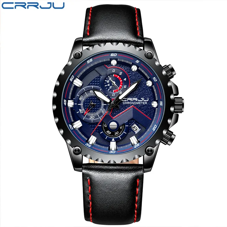 2158A-black blue CRRJU мужские часы Топ бренд класса люкс кварцевые черные часы мужские повседневные кожаные военные водонепроницаемые спортивные наручные часы Relogio Masculino - Цвет: 2158A-black blue