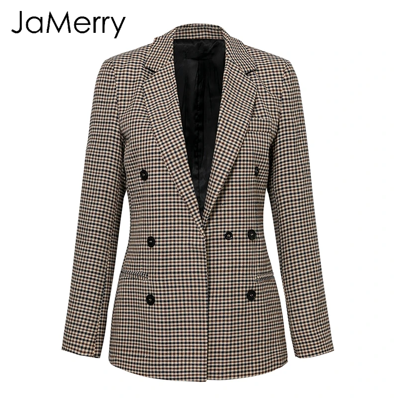Хаки JaMerry модный двубортный клетчатый Блейзер femme с длинным рукавом офисная Куртка Блейзер feminino Повседневный весенне-осенний Блейзер Женский - Цвет: Хаки