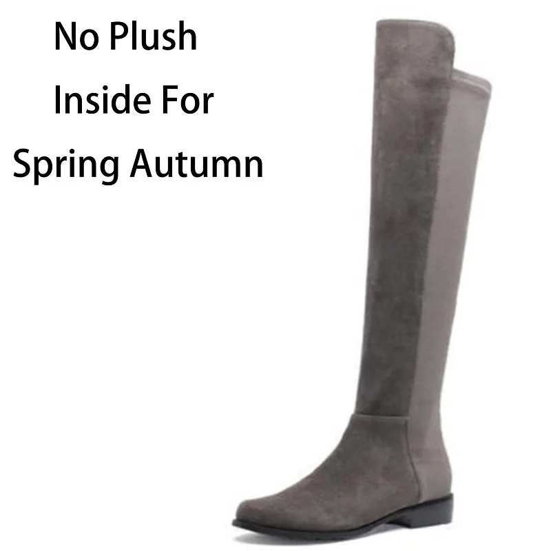 50 Gray SpringAutumn Женские Лоскутные зимние высокие сапоги из коровьей кожи с коротким плюшем; сезон весна-осень; Сапоги выше колена из натуральной кожи с острым носком; ZY171021 - Цвет: 50 Gray SpringAutumn