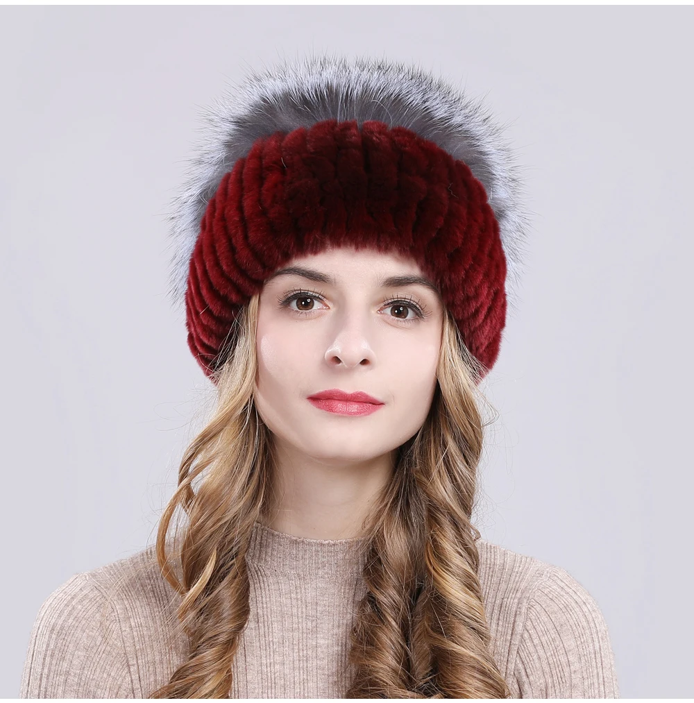 Outdoor Women Warm Soft Genuine Rex Rabbit Fur Hat Knitted Natural Real Sliver Fox Fur Caps Winter Real Rabbit Fur Beanies Hats