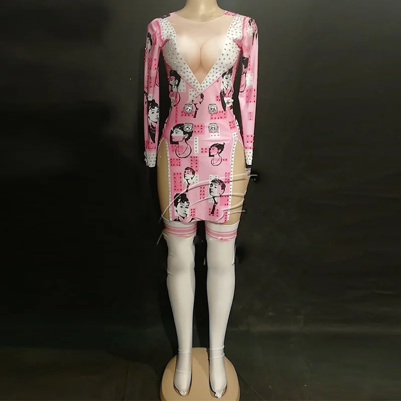 

Nightclub Female Singer DjDs Performance Suit Pink Print Short Cheongsam Skirt Sexy Split Dress Shoe Cover Stage Costume DWY1356