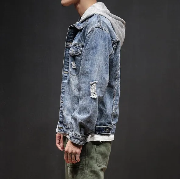 Mens Blue Cotton Ripped Jeans Jackets Male Streetwear Hooded Denim Jacket Men Vintage Jean Coat Plus Size 5XL | Мужская одежда