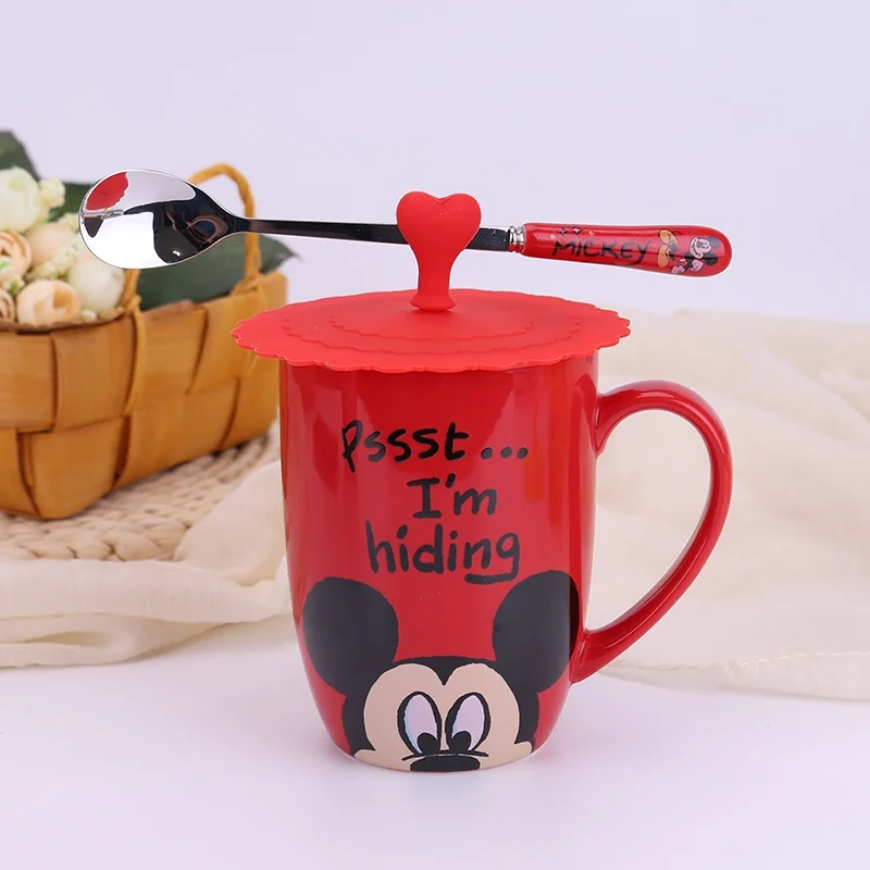 Mickey Cup spoon lid 350 ml мультфильм Минни кружка Cute bear в форме шариковой ручки молочные чашки Прекрасный Микки чашка для завтрака для детей Рождественский подарок - Цвет: Mickey Cup spoon lid