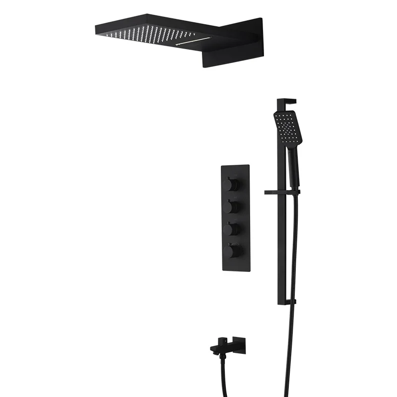 

New bathroom Matte Black Waterfall Thermostatic Bathroom Shower System Wall Mount Bathing Shower Faucet Mixer Tap Square Style