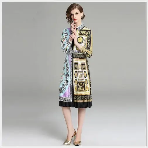 Women Dress 2019 New Spring Turn Down Collar Contrast Color Printing Female Fashion Casual Long Sleeve Slim A-Line | Женская одежда