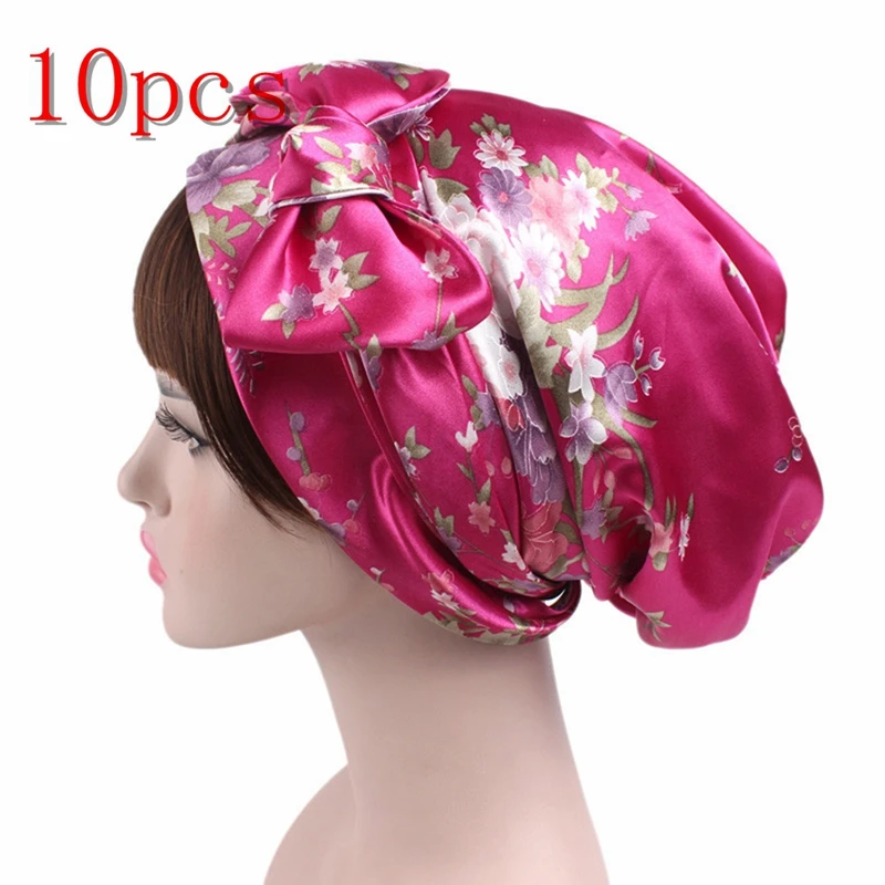 10pcs rose flower 1/2/5/10 шт Мягкий шелк Для женщин ночного сна душ Кепки Регулируемый ухода за длинными волосами капота тюрбан шляпа Мягкая атласная шляпа аксессуары 58 см - Цвет: 10pcs rose flower