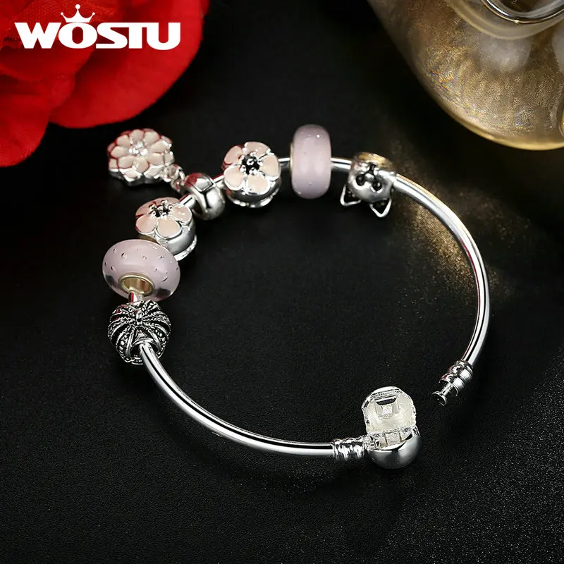 WOSTU трендовые посеребренные белый цветок кулон розовый муранский бисер браслеты