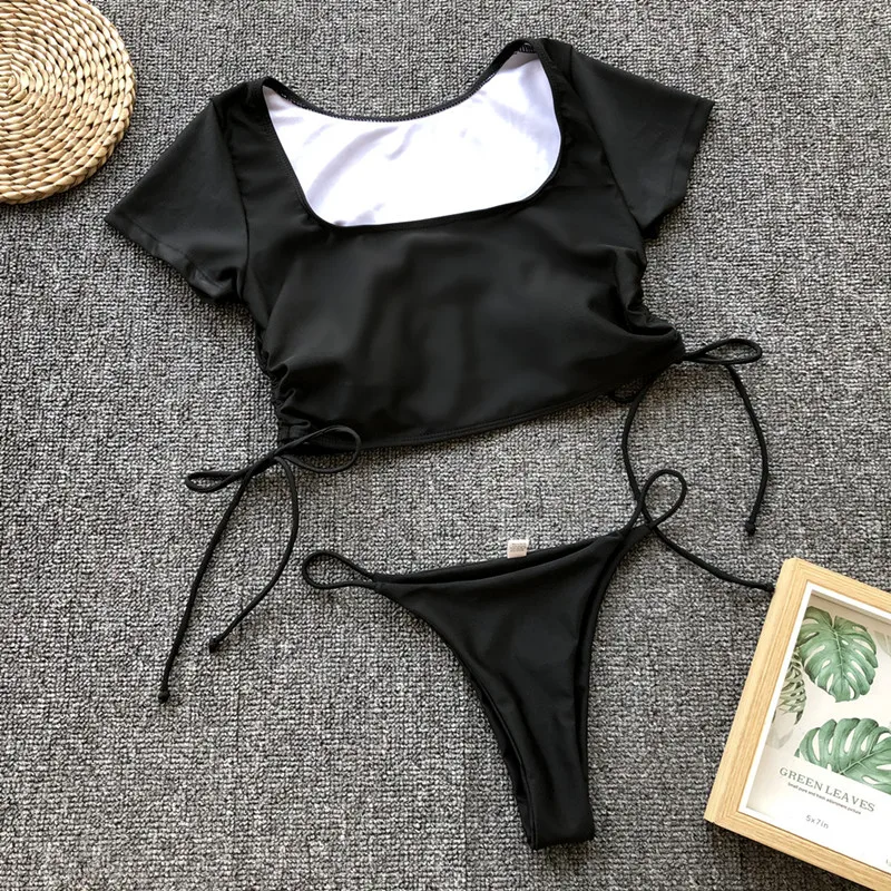 1 In-X Thong бикини mujer, короткий рукав, купальник для женщин, сексуальный укороченный топ, спортивный купальник для женщин, комплект из двух предметов, купальник - Цвет: 1