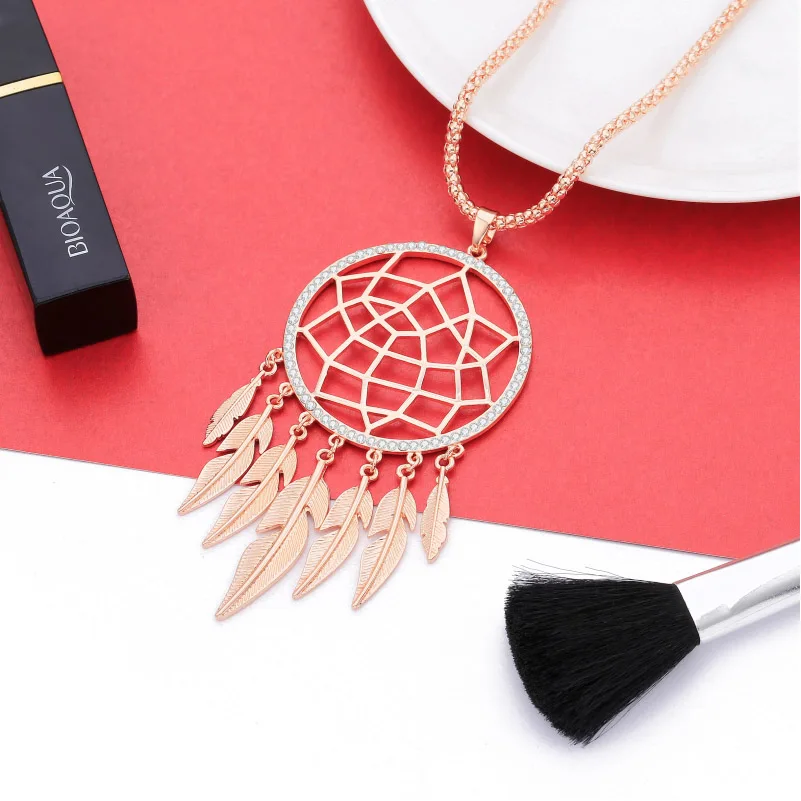 rose gold Shefly длинное ожерелье большой лист перо кисточкой золотой кулон полые украшения Ловец снов ожерелье для женщин подарок колье boheme - Окраска металла: rose gold