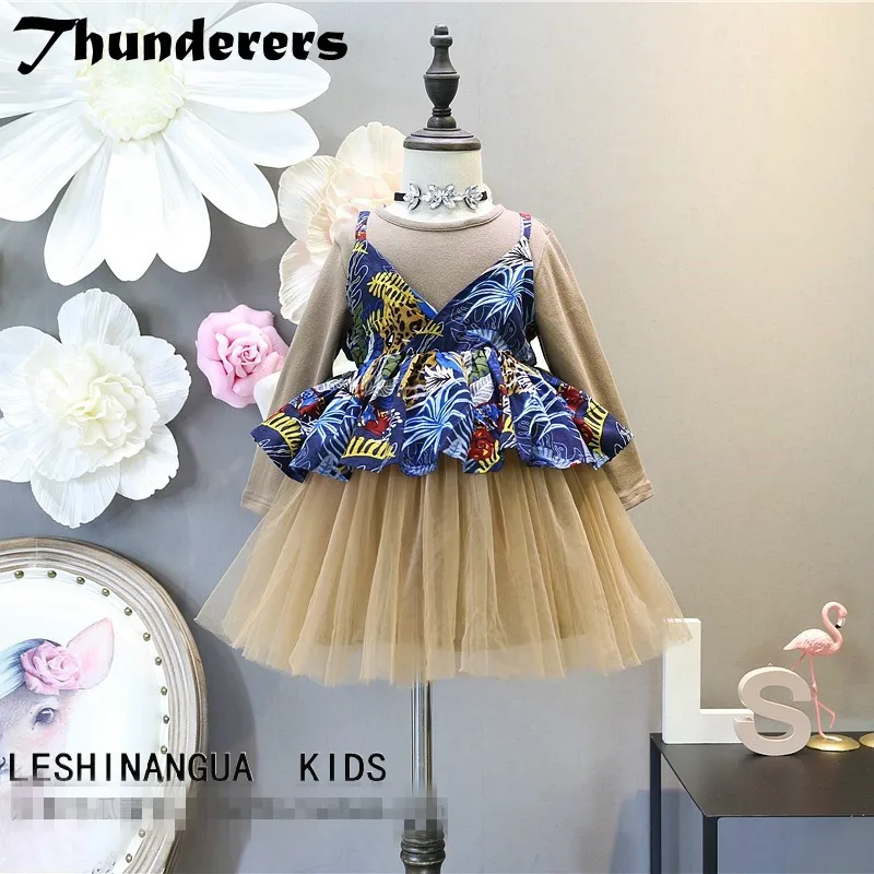 2018 children's girls clothes suit autumn new cotton solid color dress+flower pattern shoulder vest 2pcs kids sets 3-7Y | Детская