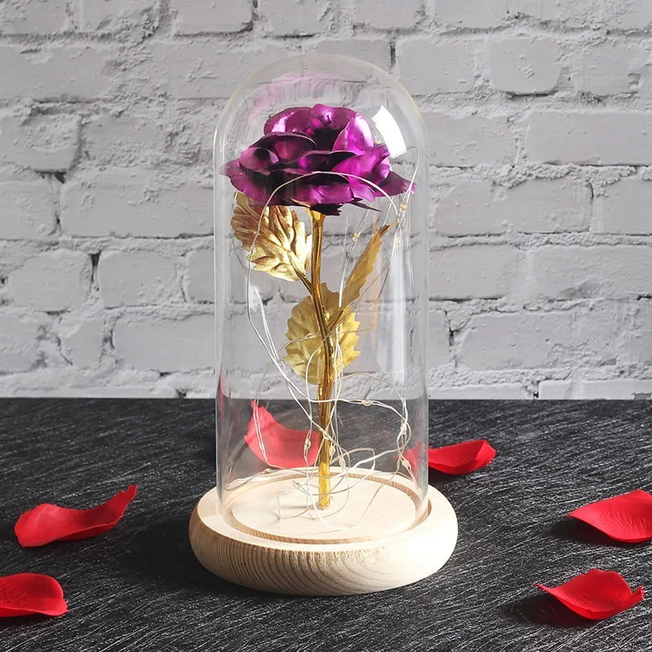 purple Романтика вечная жизнь цветок стеклянная крышка красота и чудовище РОЗА светодиодная лампа; аккумулятор на день рождения День Святого Валентина подарок матери домашний декор - Цвет: purple