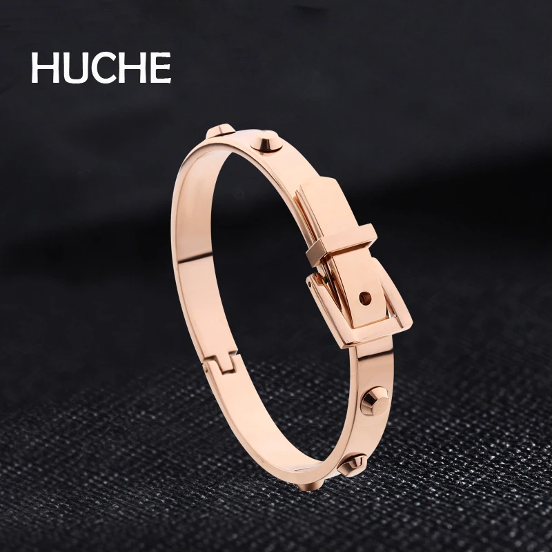 HUCHE Simulated Belt Stainless Steel Bangles For Women &amp Men Punk Rose Gold Color Fashion Jewelry Gift Friend HYJBZ001 | Украшения и