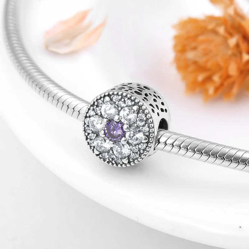 Серебро 925 пробы модный прозрачный фиолетовый кристалл CZ цветок круглые бусины