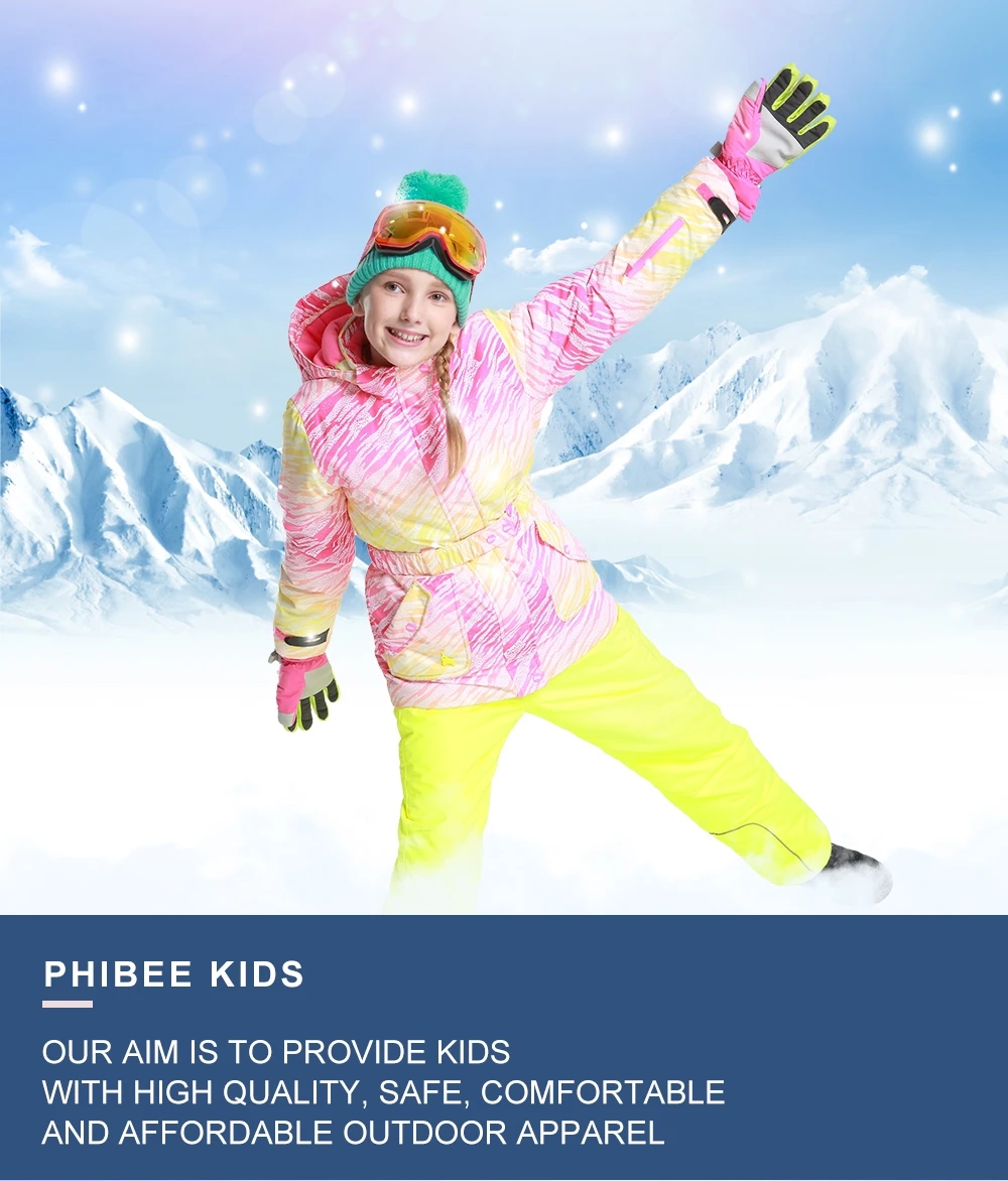 Phibee Girls Ski Snowboad Jacket Warm Breathable Kids Winter Clothing Windproof Waterproof Breathable Coat