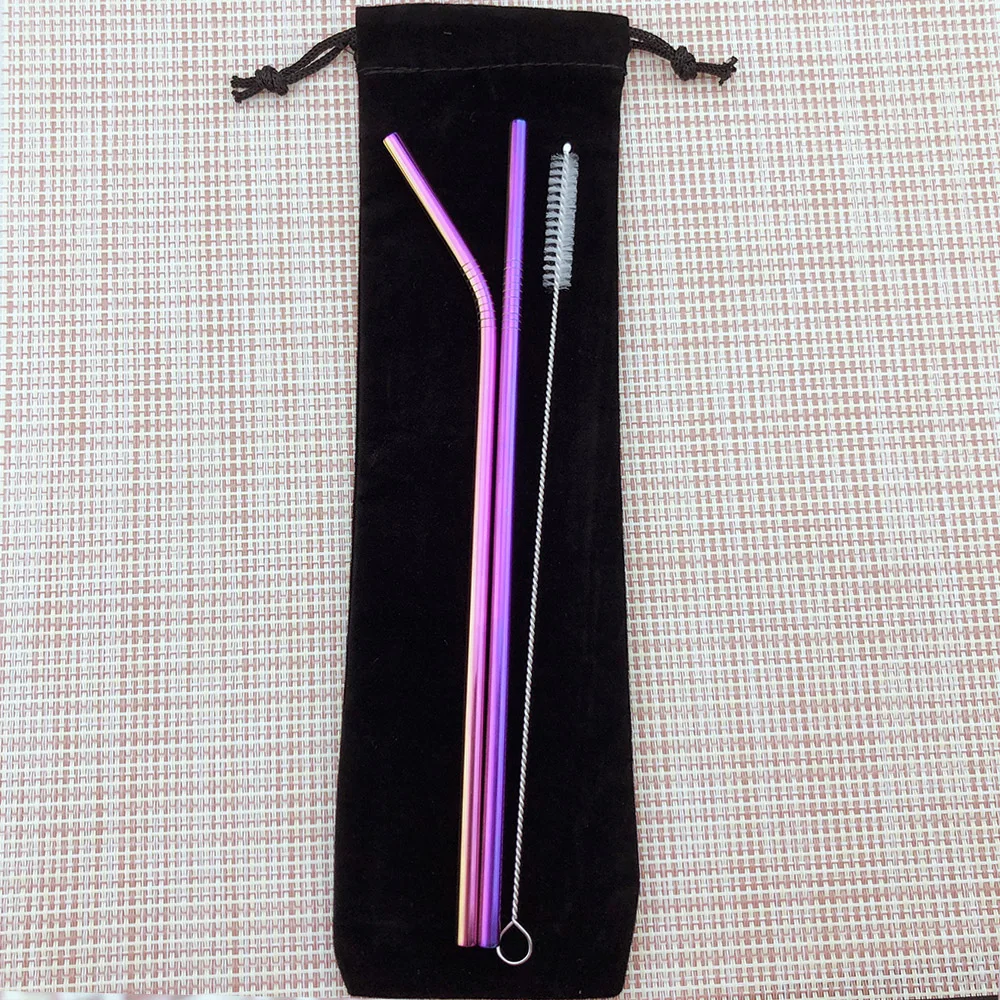 Красочные многоразовые металлические соломы с чистящей щёткой высокого