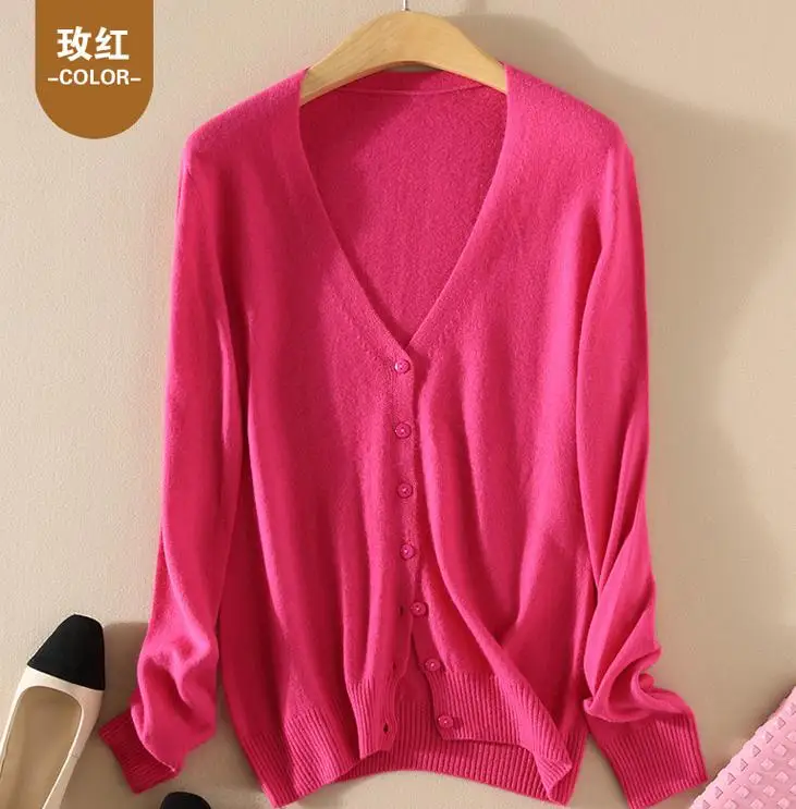 V-neck rose red Осенний и зимний утолщенный кашемировый свитер, женский кардиган с v-образным вырезом и длинными рукавами, короткий свободный Однотонный женский свитер - Цвет: V-neck rose red