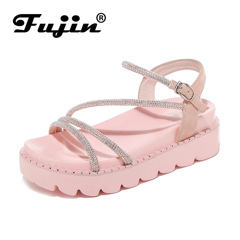 Fujin/Летние Босоножки с открытым носком на толстой подошве пряжкой Студенческие