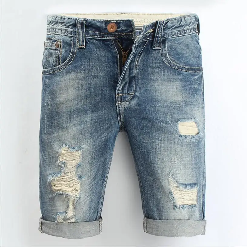 

Men's Cotton Light Blue Holes Denim Shorts Male Good Quality Classic Style Short jeans