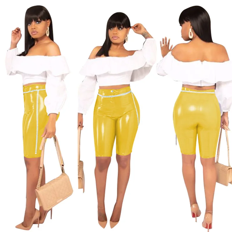 Pantalon Femme, Стрейчевые штаны из искусственной кожи, женские штаны с высокой талией, на молнии, до колена, однотонные штаны, Капри