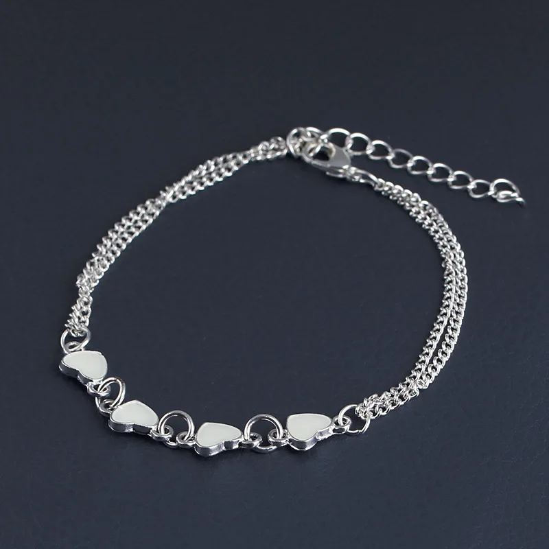 New Glow in the Dark Bracelet Enamel Heart Bracelets Bangles for Women Silver Color Chain Charm Female Handmade Suppliers | Украшения и
