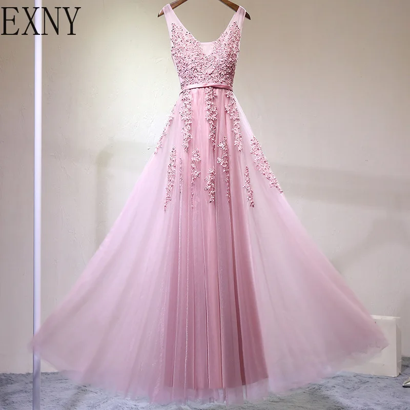 EXNY Sexy v-образным вырезом вечернее платье халат De Soiree 2019 Темно-синие Тюль с