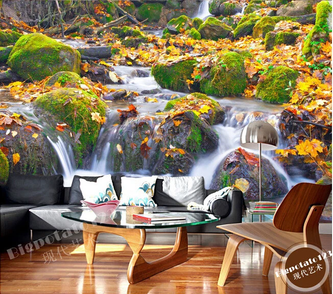 

The latest 3D murals,Moss stone deciduous streams and waterfalls landscape photography , living room TV sofa bedroom wall paper