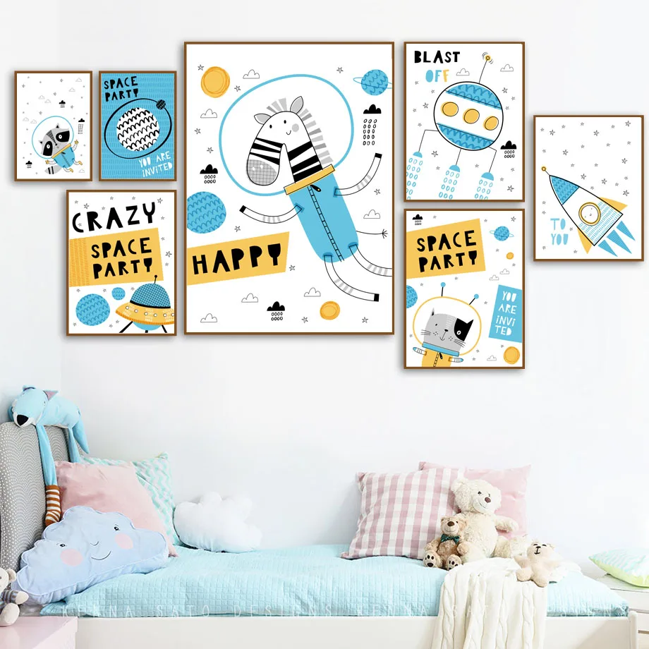 

Cartoon Zebra Cat Koala Rocket Space Ship Wall Art Canvas Painting Nordic Posters And Prints Wall Pictures For Kids Room Decor