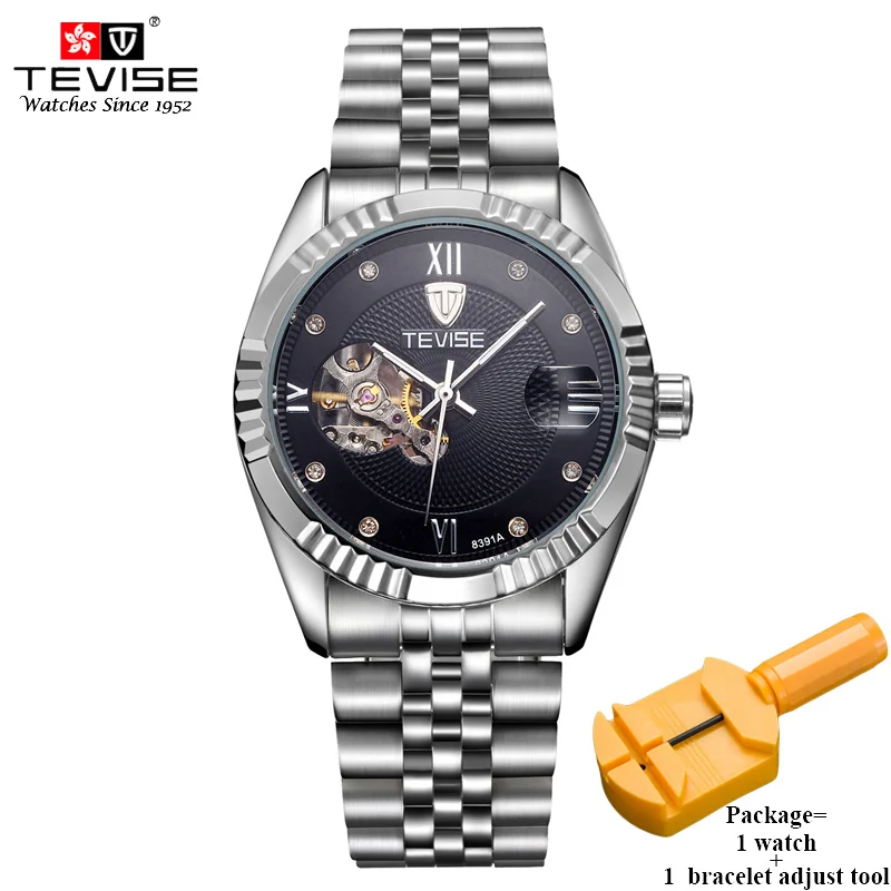 silver black Автоматические механические часы TEVISE для мужчин, деловые полностью стальные и кожаные Наручные часы, мужские автоматические часы с скелетом 8391A - Цвет: silver black