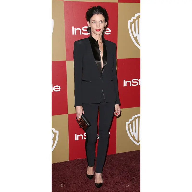 

New Black Women Business Suits Satin Shawl Lapel Formal Office Suits Work Slim Black Female Trouser Suit B54