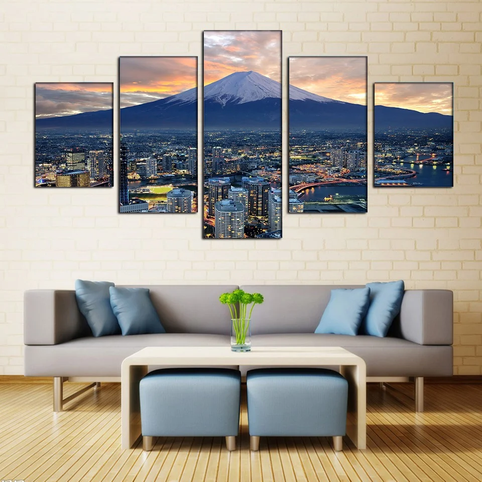 Home Decor Pictures Vintage HD Print 5 Panel City At Night Landscape Paintings On Canvas Wall Modular For Living Room | Дом и сад