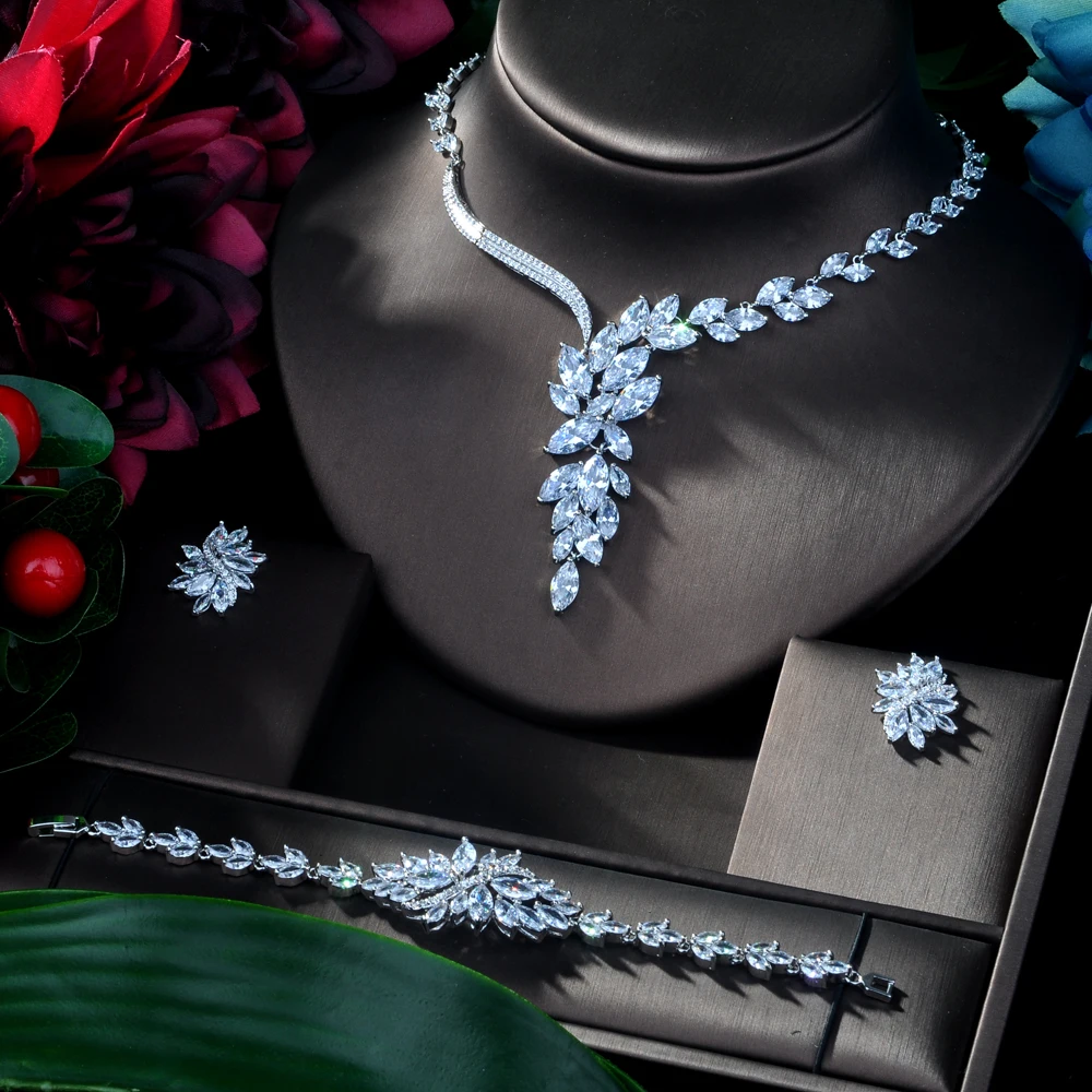 Hibride роскошь Для женщин Jewels элегантное Форма Свадебные CZ Цепочки и ожерелья серьги, браслет, кольцо 4 шт. большой свадебный комплект ювелирных изделий для невесты N-166
