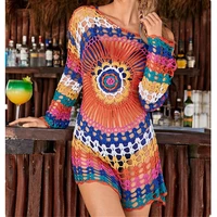 sexy rainbow beach dress tunic women 2021 crochet knitted bikini cover up beach wear long cotton pareo summer swimsuit cover ups
