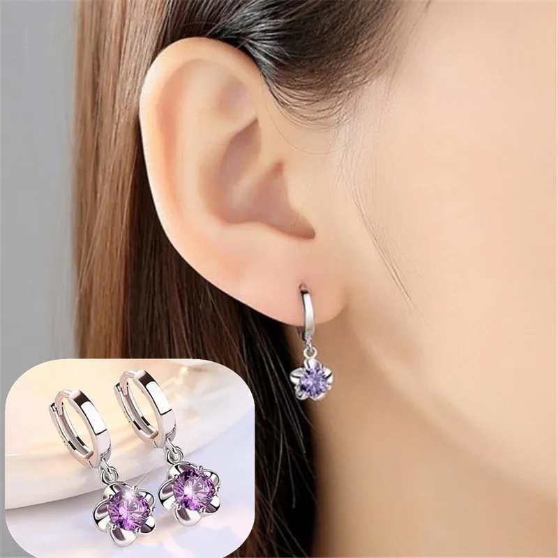 Женские серьги пусеты Простой Фиолетовый Хрустальный цветок золотого цвета в