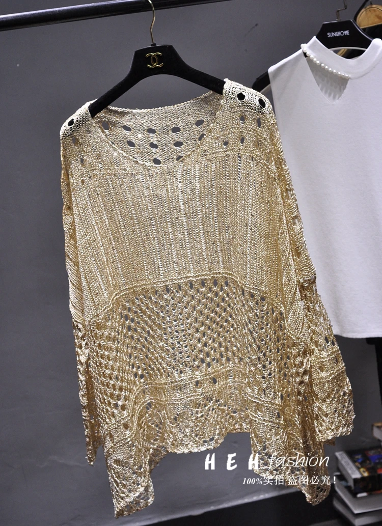 Gold Lurex Summer Blouse Shirt Long Batwing Sleeve O-neck Hollow Out Knit Top Loose Bohemian Design Large Shirts Blusa | Женская одежда
