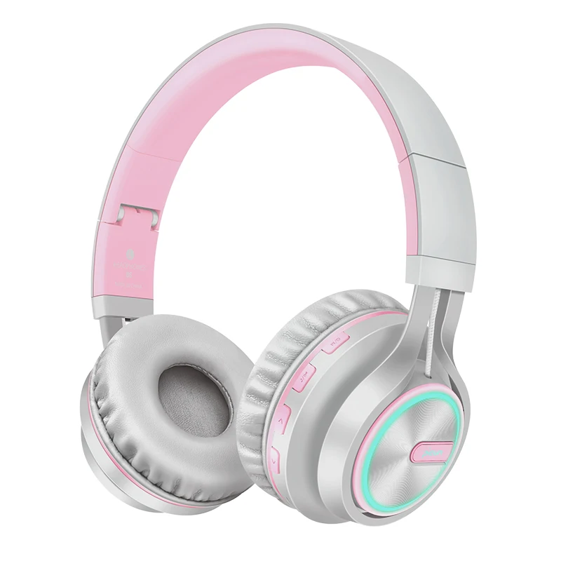 Grey Pink Беспроводные наушники светодиодный светильник Hi-Fi стерео Bluetooth наушники на ухо с микрофоном складные Проводные/TF гарнитуры для ПК ТВ телефона - Цвет: Grey Pink