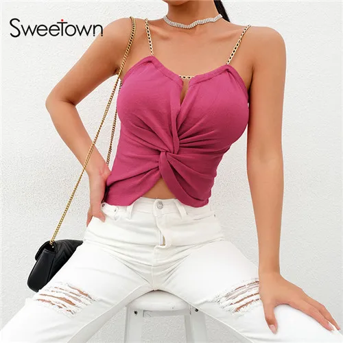 pink Sweetown Metal Chain Black Crop Top Sexy Vintage Pink Spaghetti Strap Summer Top Criss Cross Hollow Cropped Feminino Tank Tops - Цвет: pink