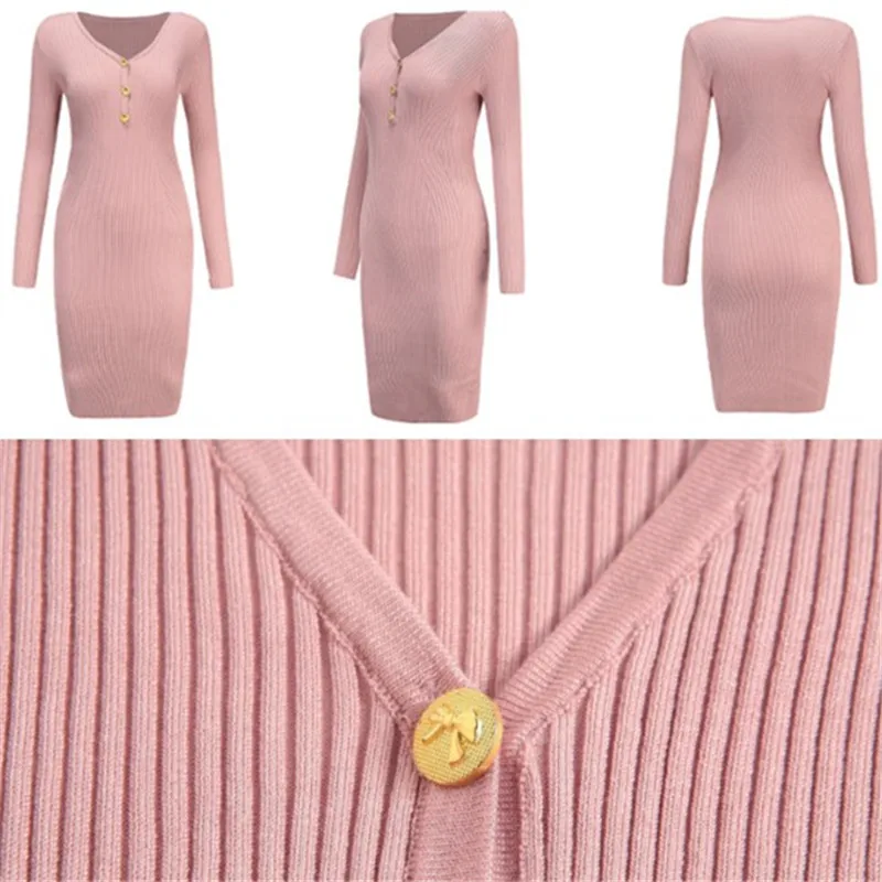 2018 Autumn New Solid Color V-Neck Long Knitted Dress Fashion Quality Long-Sleeved Three Button Streetwear | Женская одежда
