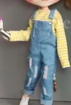 1 T-shirt 1 Bib pant 1 шт., милая футболка в полоску джинсовые штаны на лямках для Blyth, Azone S, OB24, Одежда для кукол, комбинезоны, аксессуары - Color: 1 T-shirt 1 Bib pant