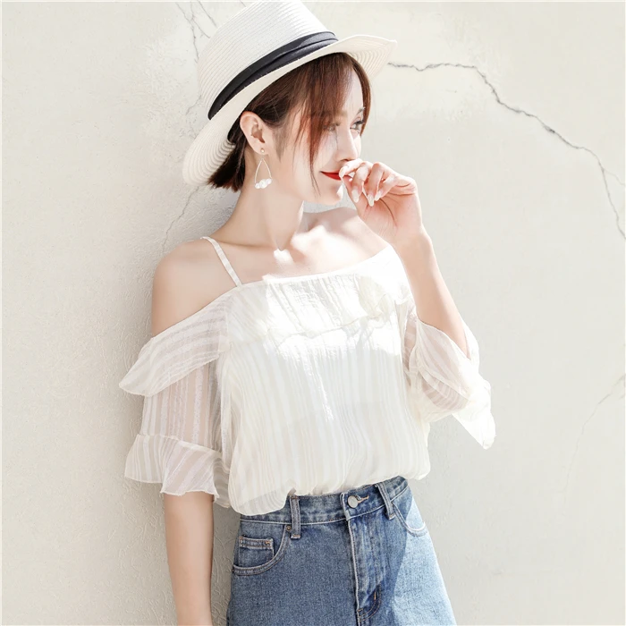 Женская шифоновая блузка с коротким рукавом вырезом лодочкой|Блузки| |