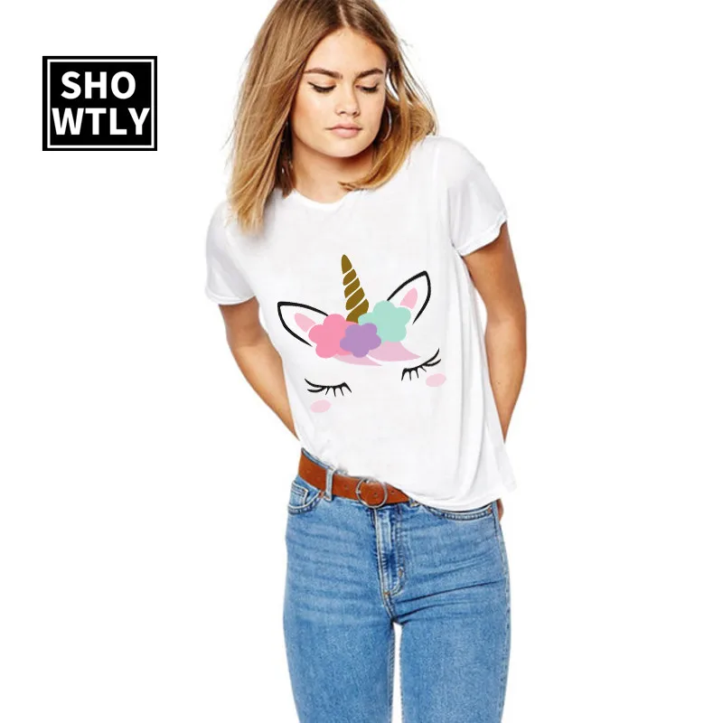Женская футболка с принтом единорога Showty белая из хлопка модная женская летняя