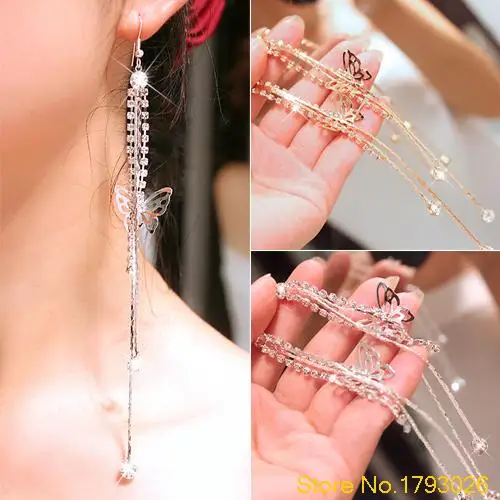 Cute Butterfly Rhinestone Drop Long Tassels Chain Women's Harness Earrings 4TPI | Украшения и аксессуары