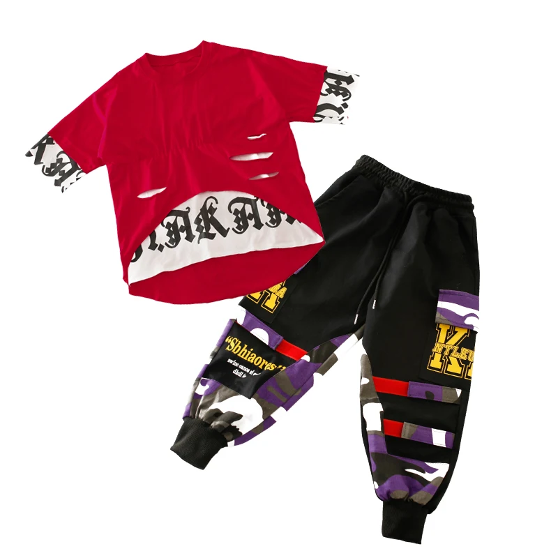 Детская футболка красного и черного цвета топ штаны для бега одежда в стиле хип