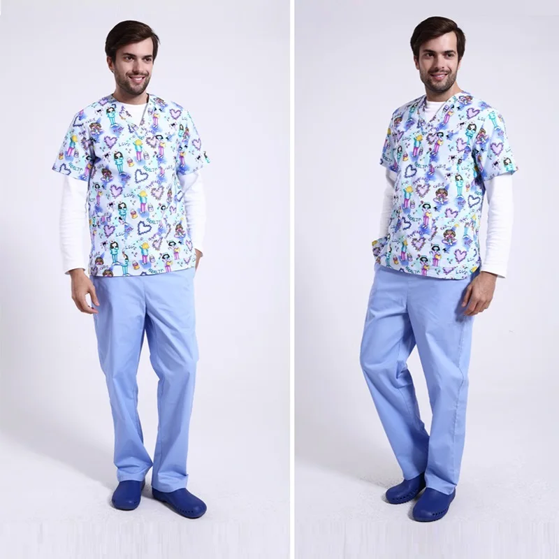 pant and shirt set Больница Стоматологическая салон красоты женщина мужчина доктор с коротким рукавом хирургическая форма печать скраб набор, Медсестры Медицинский костюм набор, Z1 - Цвет: pant and shirt set